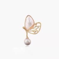 Plastic Pearl Brooch, Brass, with Shell & Plastic Pearl, Butterfly, plated, for woman & with rhinestone & hollow 30mm 