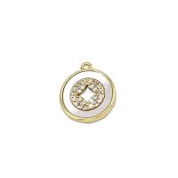 Brass Shell Pendants, with White Shell, Flat Round, 18K gold plated, micro pave cubic zirconia & hollow 
