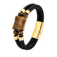 Tiger Eye Stone Bracelets, Leather, with Tiger Eye & 316L Stainless Steel, plated, fashion jewelry & Unisex 