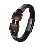 Leather Bracelet, with Tiger Eye & 316L Stainless Steel, plated, fashion jewelry & for man 