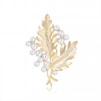 Zinc Alloy Jewelry Brooch, with Plastic Pearl, Leaf, gold color plated, for woman, white 