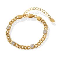 Titanium Steel Bracelet & Bangle, with Cubic Zirconia, with 5cm extender chain, Vacuum Ion Plating, for woman, golden, 5mm Approx 16 cm 
