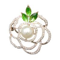 Rhinestone Zinc Alloy Brooch, with Plastic Pearl, Flower, gold color plated, for woman & with rhinestone 