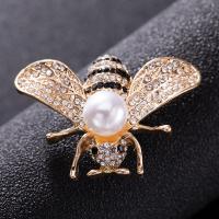 Rhinestone Zinc Alloy Brooch, with Plastic Pearl, Bee, gold color plated, for woman & with rhinestone 