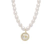 Natural Freshwater Pearl Necklace, with Cats Eye, with 8cm extender chain, Flat Round, gold color plated, fashion jewelry & micro pave cubic zirconia & for woman, white Approx 37 cm 