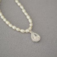 Freshwater Pearl Brass Necklace, with Brass, plated & micro pave cubic zirconia & for woman, white, 430mm 