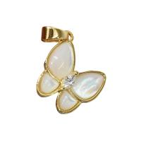 Brass Shell Pendants, with White Shell, Butterfly, 18K gold plated, micro pave cubic zirconia 