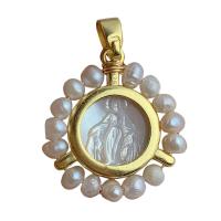Cultured Pearl Sterling Silver Pendants, 925 Sterling Silver, with White Shell & Freshwater Pearl, 18K gold plated, 21mm 