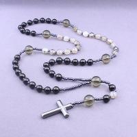 Rosary Necklace, Black Agate, with Iron Rock & Dragon Veins Agate, Unisex, black Approx 26.77 Inch 