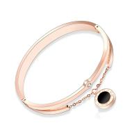 Titanium Steel Bangle, with Cubic Zirconia & Shell, Flat Round, Vacuum Ion Plating, for woman, rose gold color, 11mm, Inner Approx 160mm 