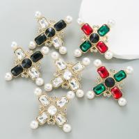Zinc Alloy Rhinestone Stud Earring, with Plastic Pearl, Cross, gold color plated, fashion jewelry & for woman & with rhinestone 62mm 