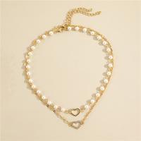 Rhinestone Zinc Alloy Necklace, with Plastic Pearl, with 2.76inch extender chain, Heart, gold color plated, Double Layer & for woman & with rhinestone, golden Approx 14.57 Inch, Approx 16.93 Inch 