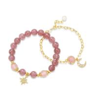Quartz Bracelets, Copper Alloy, with Strawberry Quartz, 14K gold-filled, fashion jewelry & micro pave cubic zirconia & for woman Approx 7.28 Inch 