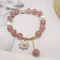 Quartz Bracelets, Brass, with Freshwater Pearl & Strawberry Quartz, real gold plated, fashion jewelry & for woman & with rhinestone, 8mm Approx 6.1 Inch 