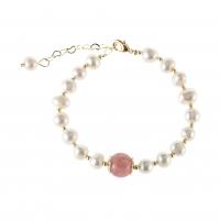 Cultured Freshwater Pearl Brass Bracelet, with Freshwater Pearl & Strawberry Quartz, with 1.38inch extender chain, 14K gold plated, fashion jewelry & for woman Approx 6.3 Inch 