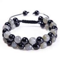Gemstone Woven Ball Bracelets, Moonstone, with Knot Cord & Black Stone, Double Layer & Unisex Approx 7.5-11.8 Inch 