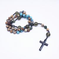 Rosary Necklace, Picture Jasper, with Iron Rock & turquoise & Indian Agate & Grey Quartz, Unisex, mixed colors Approx 26.77 Inch 