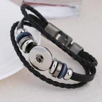 Snap Button Bracelet, Iron, with leather cord, with 1.97inch extender chain, silver color plated, Adjustable & polished black Approx 7.48 Inch 