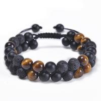 Gemstone Woven Ball Bracelets, Tiger Eye, with Knot Cord & Abrazine Stone & Lava, Double Layer & fashion jewelry & Unisex 16mm Approx 7.5-11.8 Inch 