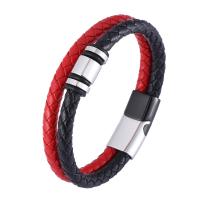 Leather Bracelet, with 316 Stainless Steel, Vacuum Ion Plating, Double Layer & fashion jewelry & for man, black and red, 12mm 