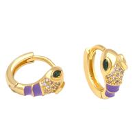 Brass Huggie Hoop Earring, Snake, gold color plated, micro pave cubic zirconia & for woman & enamel 