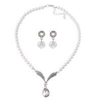 Rhinestone Zinc Alloy Jewelry Set, Stud Earring & necklace, with Plastic Pearl, with 2.36 inch extender chain, 2 pieces & for woman & with rhinestone, white, 22mm Approx 18.11 Inch 