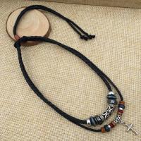 Zinc Alloy Necklace, with leather cord & Wax Cord & Wood, handmade, Double Layer & for man, black Approx 18.5 Inch 