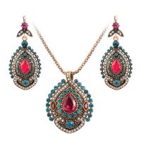 Rhinestone Zinc Alloy Jewelry Set, earring & necklace, with Resin, with 2.76inch extender chain, antique gold color plated, 2 pieces & fashion jewelry & for woman & with rhinestone, 46*36mm,58mm Approx 16.93 Inch 