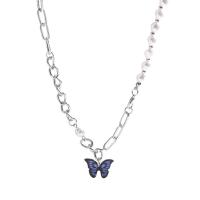 Zinc Alloy Necklace, with ABS Plastic Pearl & Acrylic, Butterfly, high quality plated, fashion jewelry & for woman, silver color, 14mm .3 cm 