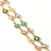 Brass Bar Chain, with Shell Pearl, Flower, rack plating & DIY & enamel, mixed colors, 7mm,6mm 