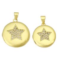 Brass Locket Pendants, Round, gold color plated, fashion jewelry & DIY & with star pattern & micro pave cubic zirconia & for woman, golden 