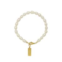 Cultured Freshwater Pearl Bracelets, Titanium Steel, with Freshwater Pearl, Rectangle, Vacuum Ion Plating, for woman, white Approx 18 cm 