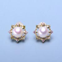 Freshwater Pearl Brass Earring, with Brass, Round, gold color plated, for woman & with rhinestone, white, 7-8mm 