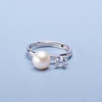 Cultured Freshwater Pearl Finger Ring, with Brass, Round, silver color plated, Adjustable & for woman & with rhinestone, silver color, 7-8mm 