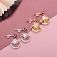 Freshwater Pearl Brass Earring, with Freshwater Pearl, Shell, plated, for woman & with rhinestone 5-6mm 