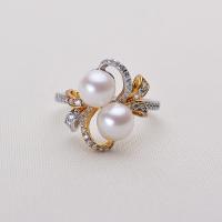 Pearl Brass Finger Ring, with Freshwater Pearl, Round, plated, for woman & with rhinestone, white, 6-7mm 