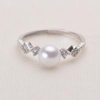 Pearl Brass Finger Ring, with Freshwater Pearl, Round, silver color plated, for woman & with rhinestone, white, 6-7mm 