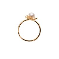 Pearl Brass Finger Ring, with Freshwater Pearl, gold color plated, for woman & with rhinestone, white, 6-7mm 
