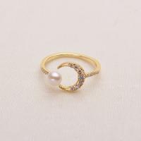Pearl Brass Finger Ring, with Freshwater Pearl, Moon, gold color plated, for woman & with rhinestone, white, 5-6mm 