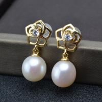 Freshwater Pearl Drop Earring, with Brass, gold color plated, for woman & with rhinestone, white, 8-9mm 