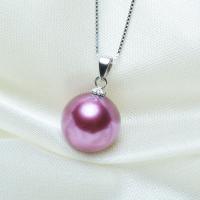 Cultured Freshwater Pearl Brass Pendant, with Brass, Round, silver color plated, for woman, purple, 12mm 