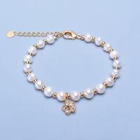 Cultured Freshwater Pearl Brass Bracelet, with Brass, Flower, gold color plated, for woman & with rhinestone, white, 6-7mm .1 Inch 