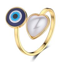 Evil Eye Jewelry Finger Ring, 304 Stainless Steel, with Lampwork & Plastic Pearl, Heart, Vacuum Ion Plating, fashion jewelry & evil eye pattern 