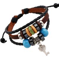 Cowhide Bracelets, with Linen & Wood & Zinc Alloy, with 9-10cm*2 extender chain, Key, silver color plated, vintage & multilayer & adjustable, mixed colors, 6mm Approx 17 cm 