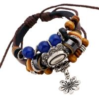 Cowhide Bracelets, with Wood & Zinc Alloy, with 9-10cm*2 extender chain, Flower, silver color plated, vintage & multilayer & Unisex & adjustable, mixed colors, 6mm Approx 17 cm 