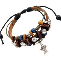 Cowhide Bracelets, with Linen & Wood & Zinc Alloy, with 9-10cm*2 extender chain, Fish, silver color plated, vintage & multilayer & Unisex & adjustable, mixed colors, 6mm Approx 17 cm [
