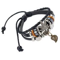 Cowhide Bracelets, with Wood & Zinc Alloy, with 8cm*2 extender chain, Maple Leaf, plated, vintage & multilayer & Unisex & adjustable, black, Inner Approx 60mm Approx 17 cm 