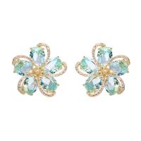 Cubic Zircon (CZ) Stud Earring, Brass, Flower, gold color plated, micro pave cubic zirconia & for woman 