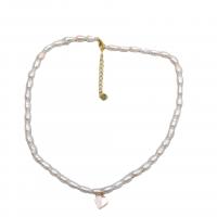 Freshwater Pearl Brass Necklace, with Brass, with 5cm extender chain, Heart, gold color plated, for woman, white, 5-6mm Approx 40 cm 