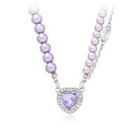 Plastic Pearl Necklace, with Titanium Steel & Crystal, Heart, polished, fashion jewelry & adjustable & for woman & with rhinestone, purple Approx 49 cm 